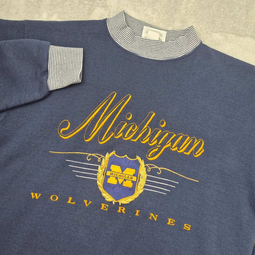 Vintage Michigan Wolverines Sweatshirt Navy Blue Mock Neck Striped Made in USA - Picture 7 of 12